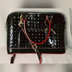 ARCADIA black Patent Leather large Handbag Satchel purse ITALY embossed Logo